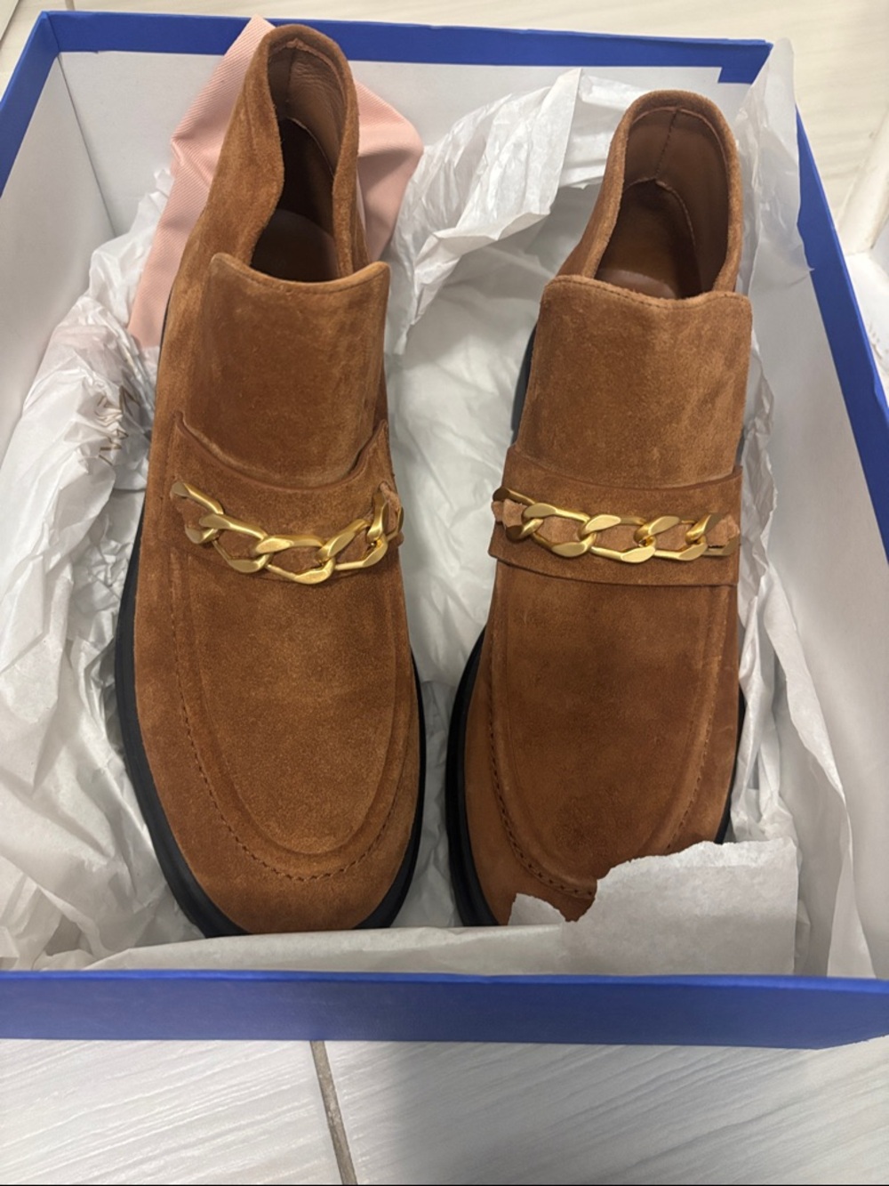 Stuart Weitzman Chestnut Suede Ankle Booties with Gold Chain